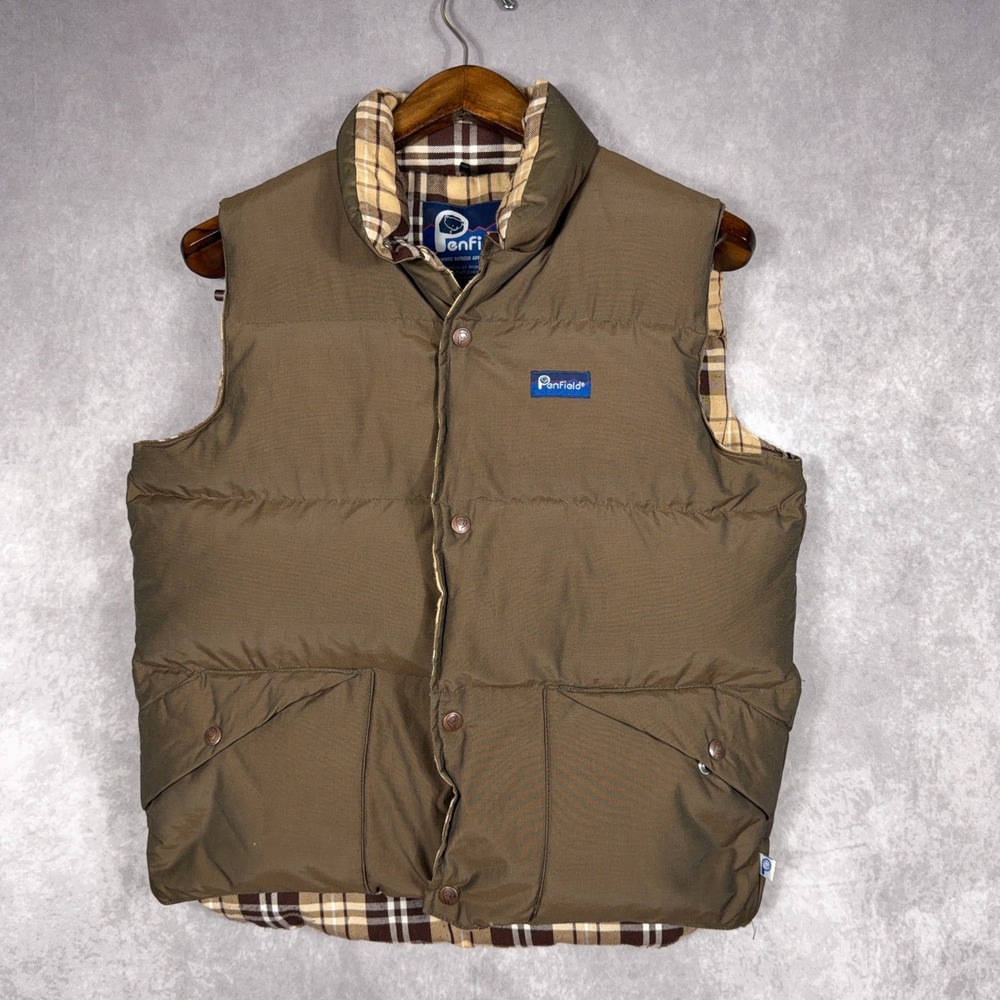 Penfield Puffer Vest 60/40 Fabric‎ Down Fill Plaid Lined Small Brown Outdoor